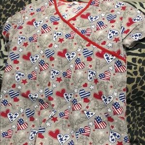 USA red white and blue hearts and flag scrub top
